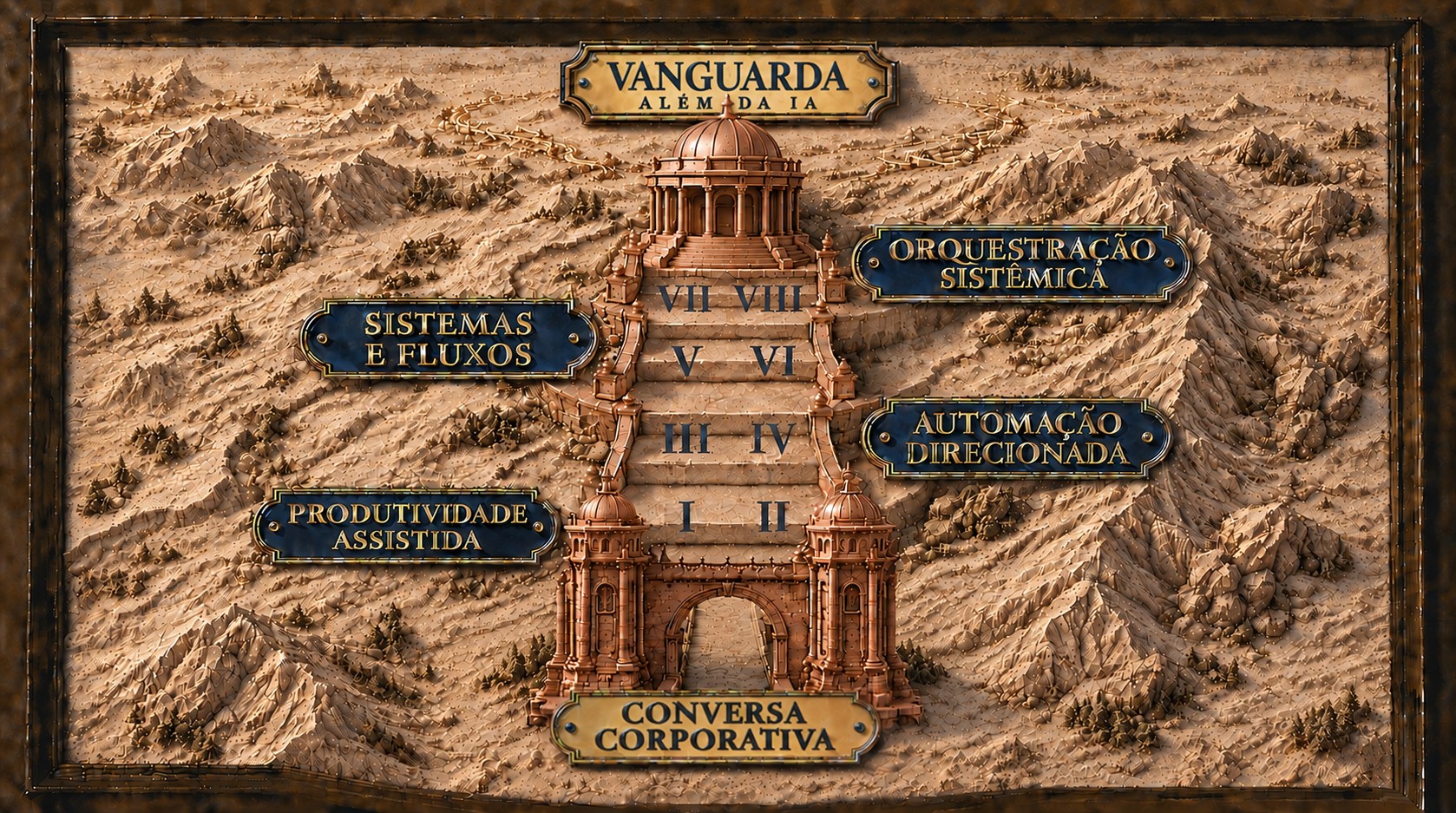 Mapa em relevo da região do Critério Executivo com IA: uma escadaria sobe de uma edificação ao sul, marcada Conversa Corporativa, passando por quatro terraços numerados em algarismos romanos — Produtividade Assistida, Automação Direcionada, Sistemas e Fluxos e Orquestração Sistêmica — até a placa Vanguarda, além da IA, no alto, junto ao templo que coroa a subida